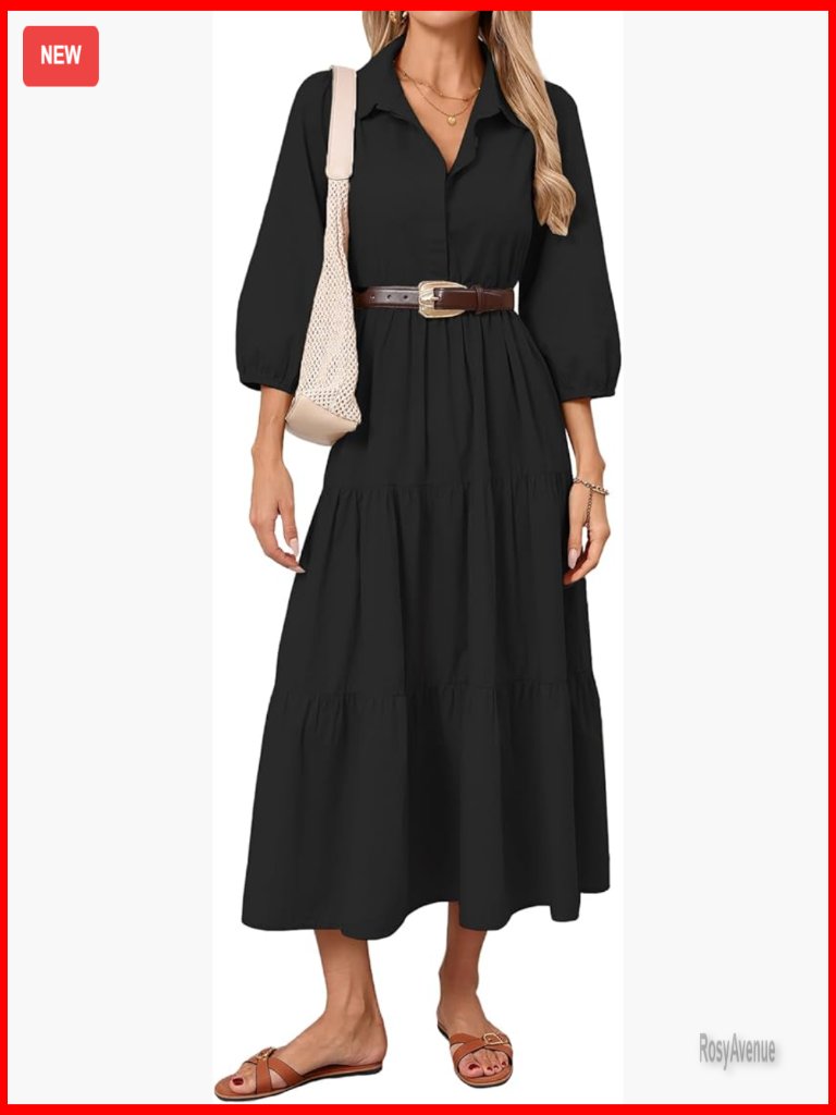 Button Down Maxi Dress Long Sleeve Flowy Tiered With Pockets